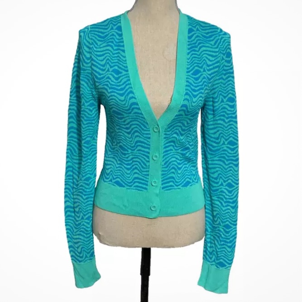 New Zara Blue Turquoise Waves Jacquard Zebra Print Knit Cropped Cardigan - Picture 11 of 13